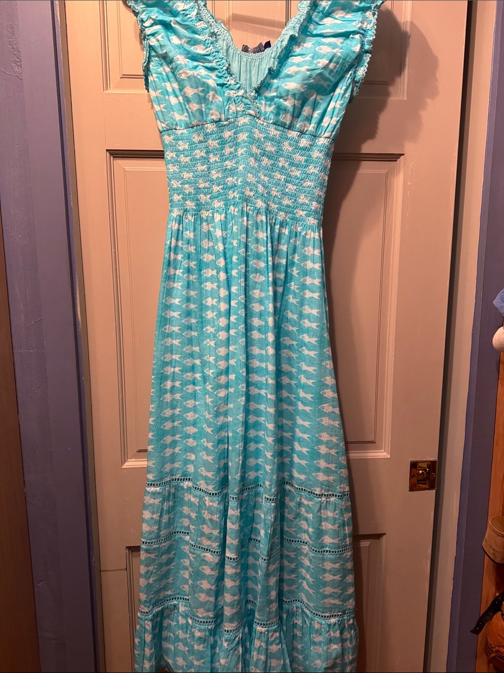 Sleeveless Aqua Maxi Dress with Smocked Waist and Ruffle V-Neck